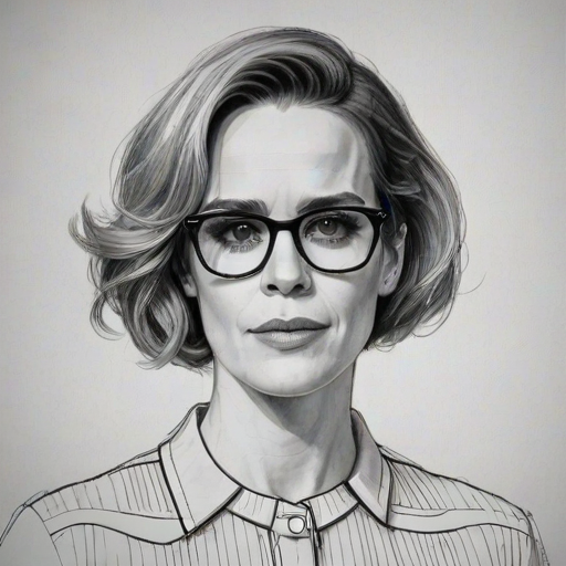 Enchanting Sarah Paulson, pencil sketch, portrait of Beauteous woman 1964s in glasses, hair style beatnik, outline, clear lines, fine lines, 8k