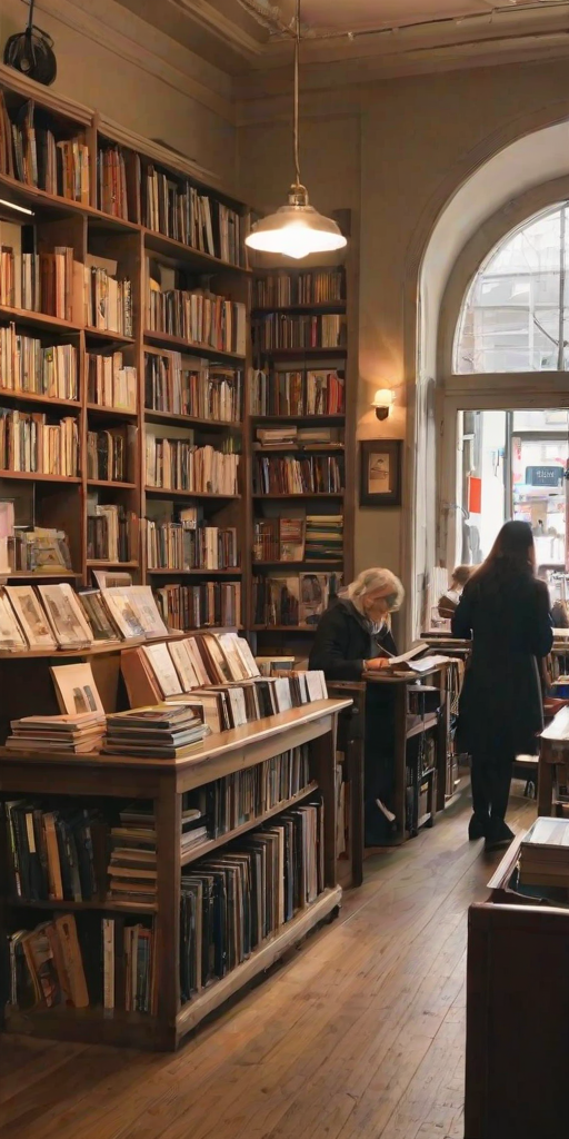 Charming bookstore cafe, with patrons sipping coffee while browsing books, shelves lined with literary treasures, and soft music playing in the background.