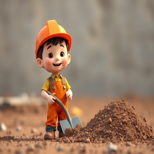 Generate a high-resolution 3D cartoon character of a young boy in a hard hat and orange overalls holding a shovel, with a mound of dirt at his feet, using a Canon EOS R5 camera, 50mm lens, f/1.8 aperture, ISO 100, natural lighting, and a slight low-angle view for depth.