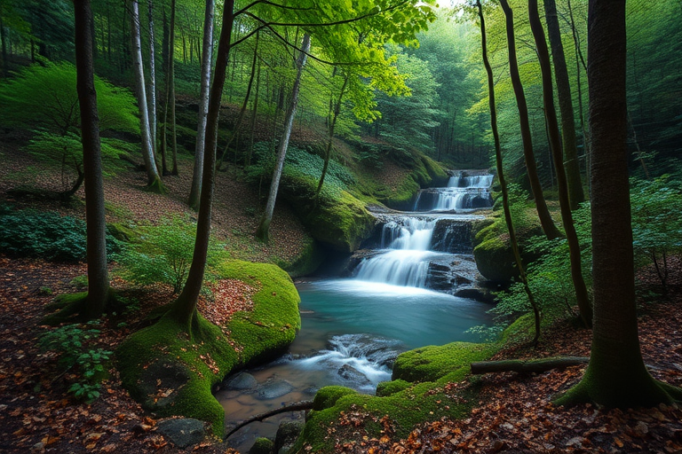 Generate a serene forest landscape with a gentle waterfall in the background, use a Canon EOS 5D Mark IV, aperture f/8, shutter speed 1/125 sec, ISO 100, wide-angle view, and a soft focus style for enhanced depth and vibrancy.