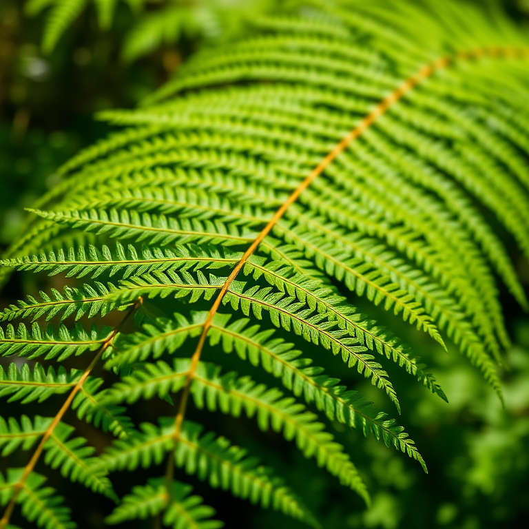 Create a high-resolution image of a lush green fern leaf, portrait orientation, with a shallow depth of field, using a DSLR camera, f-stop at 2.8, ISO 100, focal length of 50mm, natural sunlight for lighting.