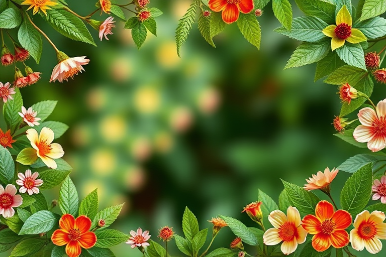 Create a high-resolution image of a floral and leaf border with a blank center for text, using a macro lens at f/2.8, ISO 100, with a shallow depth of field, in natural lighting, captured with a DSLR camera.