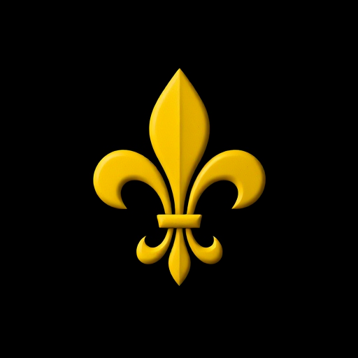 Create a high-resolution image of a yellow fleur-de-lis symbol on a black background, using a DSLR camera with a 50mm lens, aperture f/2.8, ISO 100, shot from a frontal view, employing a soft focus style to enhance the visual quality.