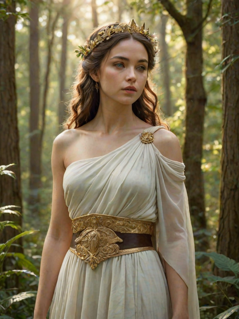 Create a portrait of a goddess-like Kikuyu girl figure in a tranquil, forested environment. She has an elegant appearance with long, wavy hair styled in an updo and adorned with a delicate, floral headband. She wears a flowing, ancient Greek-inspired gown in a soft, pale color, featuring a one-shoulder design and draped fabric that accentuates her graceful form. The outfit includes a decorative belt with ornate gold detailing, and she holds a bow in her hand, with a quiver of arrows slung over her shoulder. The background depicts lush greenery, with sunlight filtering through the trees, casting a gentle, ethereal light on the scene. Her expression is calm and contemplative, embodying a sense of wisdom and serenity.