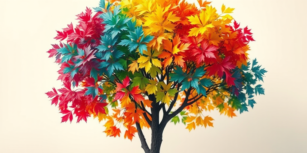 create an image of a vividly colored tree with a vibrant palette of rainbow leaves against a soft background, use a DSLR camera with a 50mm lens at f/1.8, ISO 100, and a shallow depth of field, with a top-down view to enhance the texture and detail in the paint strokes.