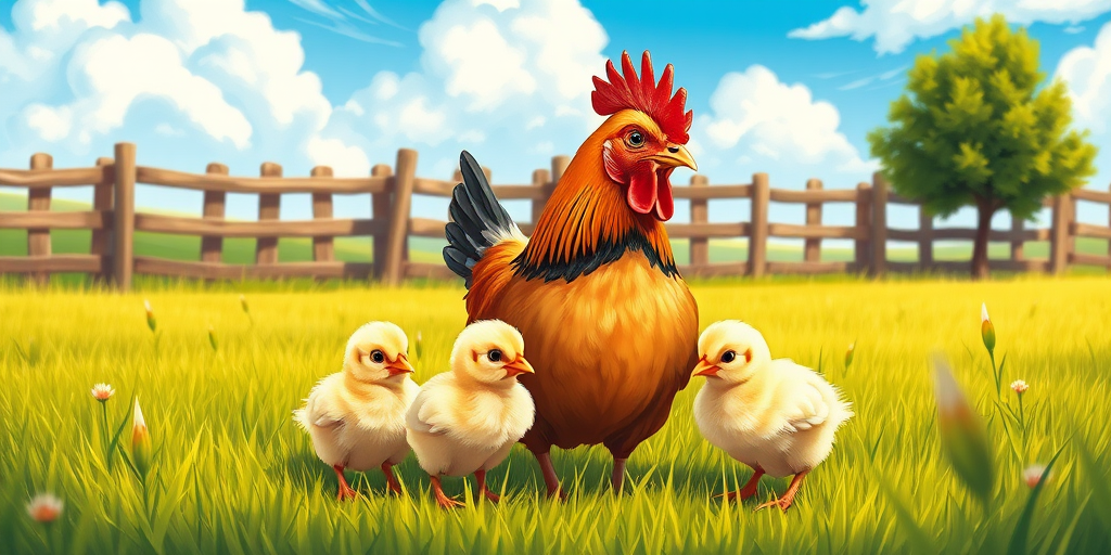 Create a vibrant illustration of a hen with three chicks in a grassy field, a wooden fence in the background, bright blue sky with fluffy clouds, and a tree on the side, using a digital painting style with high saturation and contrast; camera settings: f/4, ISO 100, 1/200s, camera view: close-up, camera style: bright and cheerful, camera type: digital art.