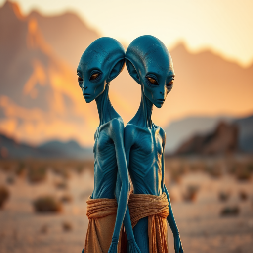 Generate an image of two alien beings standing in a desert landscape with mountains in the background, using a Canon EOS R5 with a 24-70mm lens, f/2.8 aperture, ISO 200, shot during golden hour for warm lighting, focusing on capturing intricate details of their blue skin and attire.