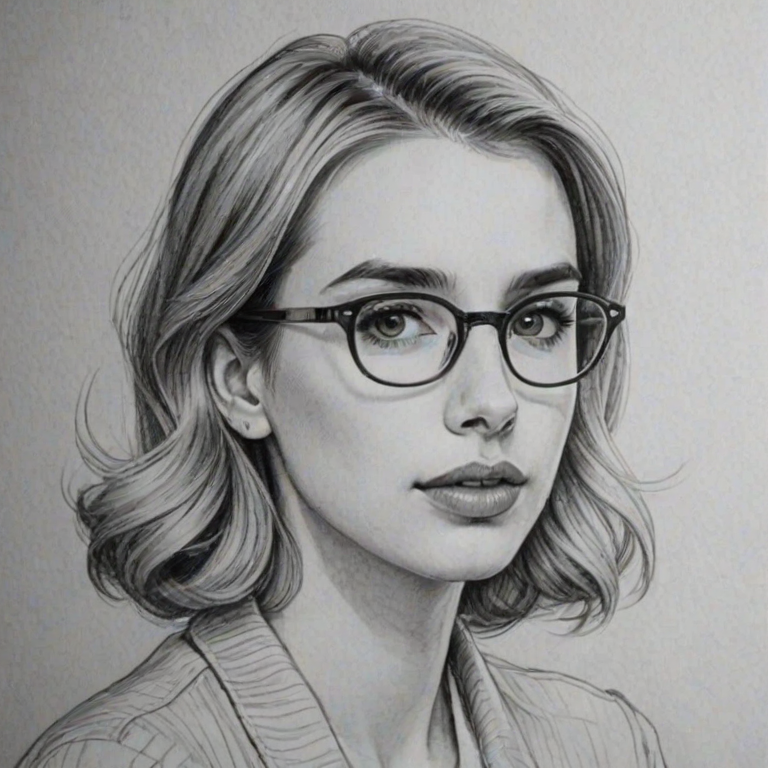 Bewitching Emma Roberts, pencil sketch, portrait of Charming woman 1943s in glasses, hair style beatnik, outline, clear lines, fine lines, 8k