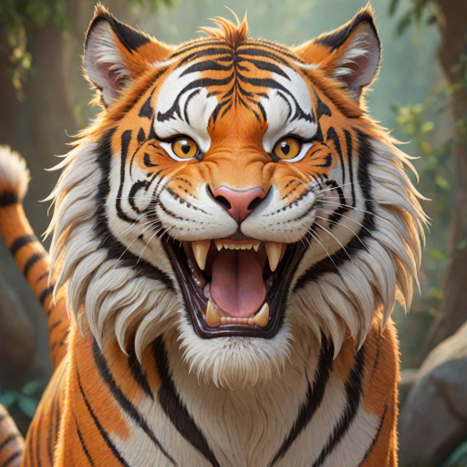 Disney style, cartoon illustration of an orange and white tiger with messy hair smiling very wide open mouth showing, in the Disney Pixar animation style, in the style of Don Bluth, full teeth body, with a very detailed face, very detailed eyes, very detailed fur, full color, very colorful, with a very colorful background, soft pastel colors, high resolution, high quality, high detail, hyper realistic