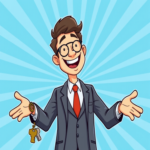 Create a cartoon-style illustration of a cheerful businessman in a suit with his arms outstretched, holding a large key, with a radial blue background, shot with a Canon EOS R5 at f/4, ISO 100, 50mm lens, in bright daylight.
