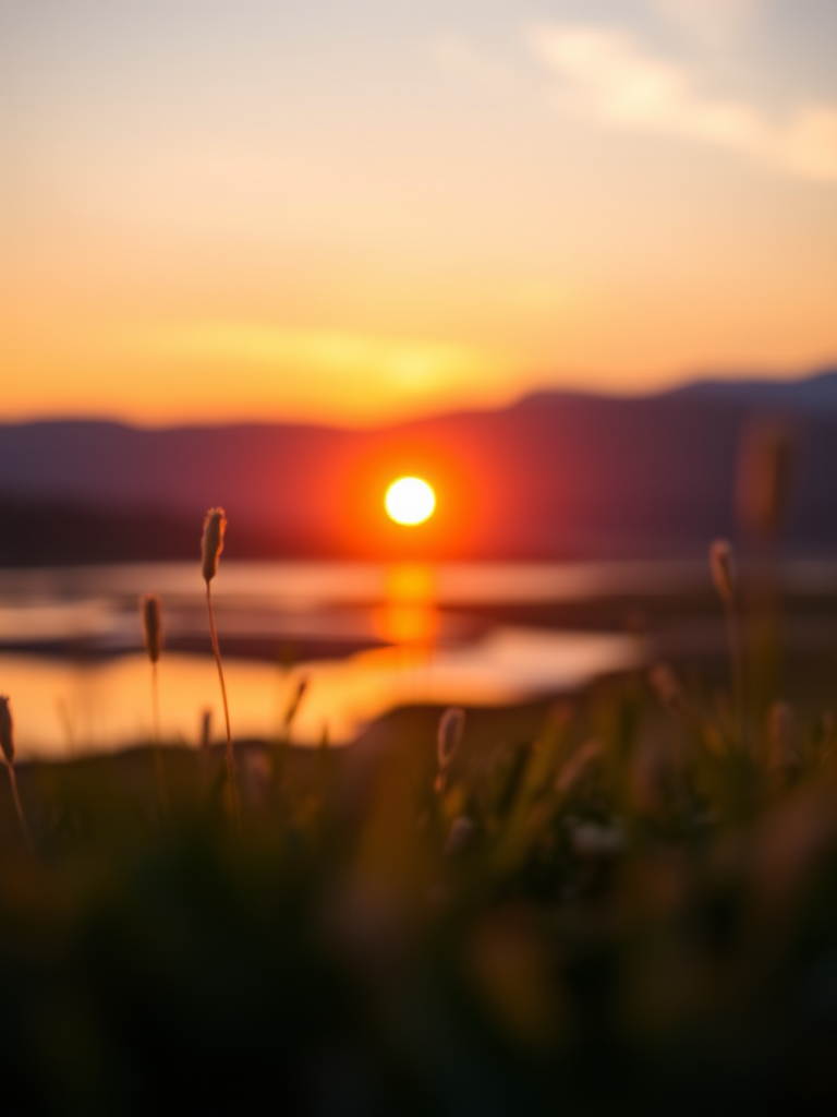 Create a high-resolution image of a serene landscape at sunset with vibrant colors, focus on the foreground with a shallow depth of field, using a DSLR camera set to ISO 100, f/2.8 aperture, 1/200s shutter speed, and a 50mm lens, taken from a low angle to capture the glow of the setting sun reflecting off the water.