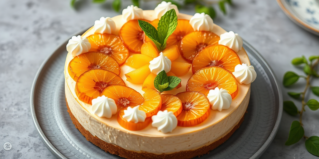 Create an image of a beautifully decorated cheesecake topped with caramelized pineapple slices and orange segments arranged in a circular pattern with whipped cream swirls and a sprig of fresh mint on top. The cake is on a gray plate with a textured surface, and there are hints of greenery in the background.