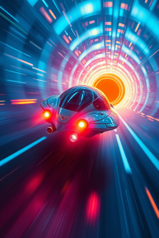 a futuristic high-speed spacecraft traveling through a vibrant, glowing tunnel of light, long exposure effect, wide-angle view, f/2.8 aperture, ISO 200, 1/30 sec shutter speed, digital camera, 8K resolution