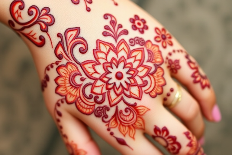 Intricate "Mendhi Inspired" tattoo showcases elaborate patterns and motifs drawn from traditional henna designs. Rich burgundy and warm terracotta hues create a sense of warmth and tradition, while gold accents add a touch of luxury. Delicate swirls, flowers, and geometric shapes flow organically across the skin, creating a beautiful and culturally inspired piece.