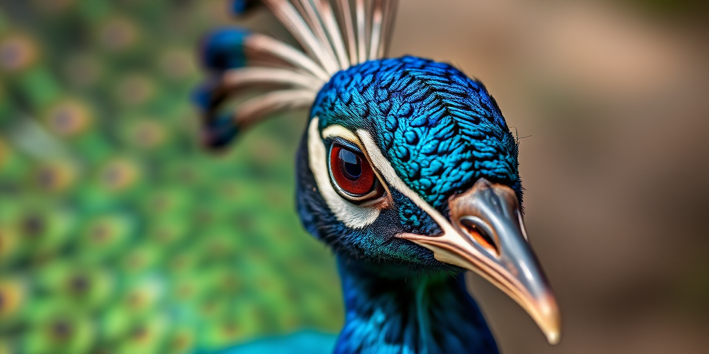 close-up of a peacock's head with detailed feather patterns and vibrant colors, shallow depth of field, shot with a 50mm lens at f/1.8, ISO 100, natural light, DSLR camera, capture sharp focus on the eye and textures of the feathers
