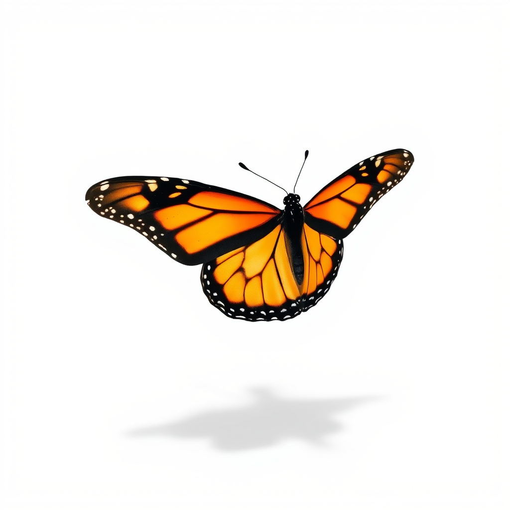 Generate an image of a monarch butterfly with vibrant orange and black wings, positioned in mid-flight against a plain white background, casting a subtle shadow beneath it.