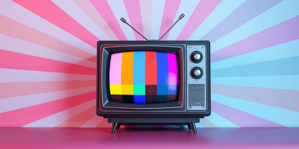 Create a retro pixel art image of a vintage television with a colorful test pattern on the screen, set against a vibrant radial background in pastel colors, shot with a Canon EOS R5, 50mm lens, f/1.8 aperture, ISO 100, using a flat lay style.
