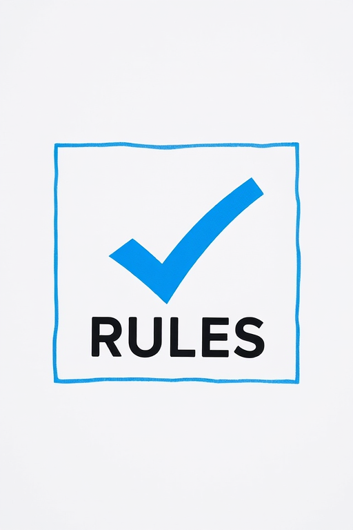Generate a graphic of a blue check mark inside a square outline with the word "RULES" displayed prominently, shot with a Canon EOS R5 at f/8, ISO 100, 50mm lens, using a flat lay composition to enhance clarity and color vibrancy.