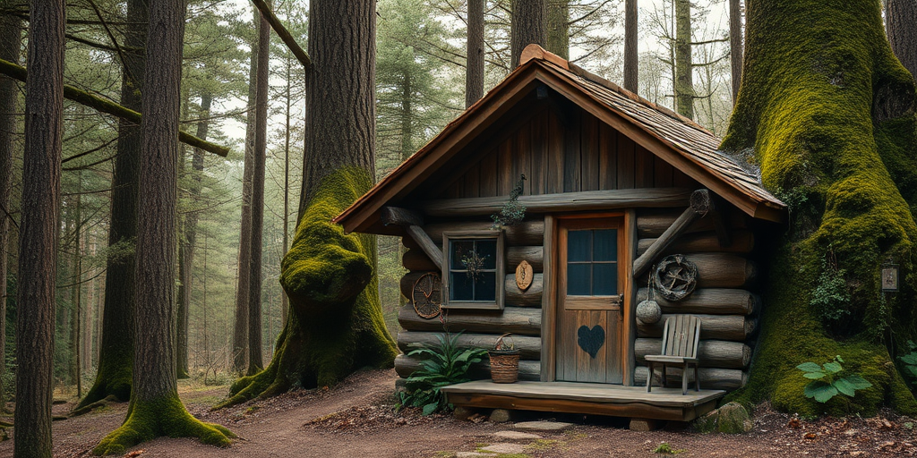 Create a high-resolution image of a rustic cottage in a dense forest with intricate wood textures and moss-covered walls, shot with a Canon EOS R5 at f/2.8, ISO 100, 50mm lens, in a soft diffused light style, capturing a warm and inviting atmosphere.