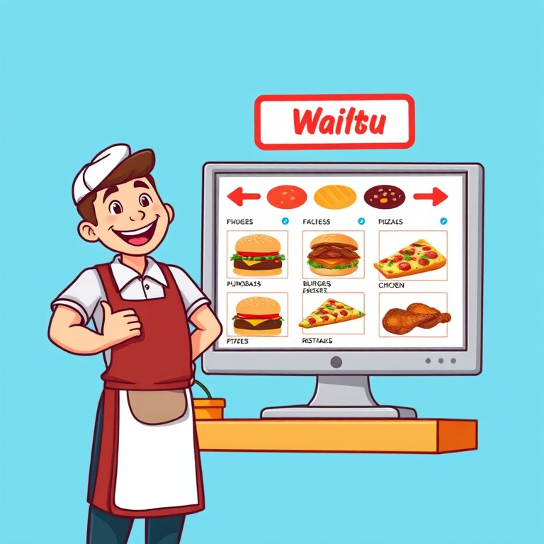 Create a digital illustration of a cheerful waiter standing beside a menu display on a computer screen featuring food items like burgers, pizza, and chicken, with a bright blue background, shot with a Canon EOS R5 at f/2.8, ISO 100, using a wide-angle lens for clarity and vibrant colors.