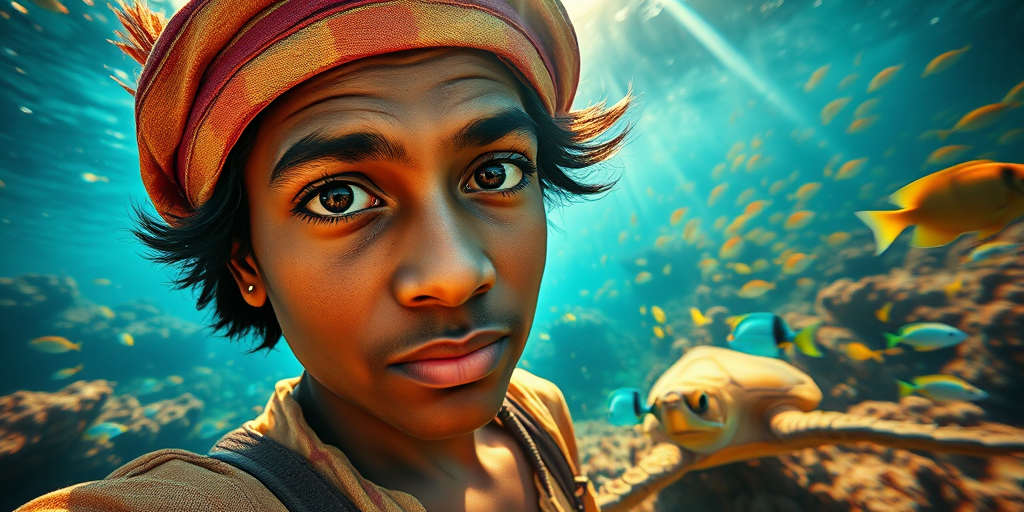 Realistic selfie image of a Sri Lankan, wearing a vintage outfit, detailed dreamy eyes, droopy hooded eyes, staring at the camera, taken underwater at coral reef with a sunbeam filtering through the water, vibrant, summer vacation, natural lighting, turtle and school of tropical fish with vibrant colors, rendered in the style of CryEngine, Pegi Nicol MacLeod, with realistic genre scenes, hauntingly beautiful narratives, ultra-realism, and Thomas Saliot's close-up technique, 8K resolution, crystal clear and sparkling water.