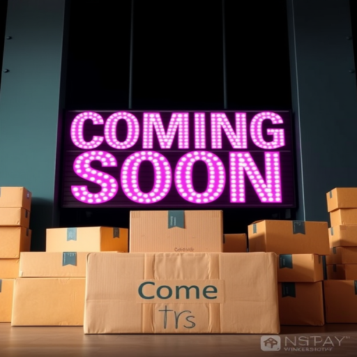 Create a vibrant, high-resolution graphic featuring a stack of cardboard boxes in front of a large, bold sign that says "Coming Soon," shot with a DSLR camera at f/5.6, ISO 100, 50mm lens, centered composition, with an overexposed background for enhanced clarity.