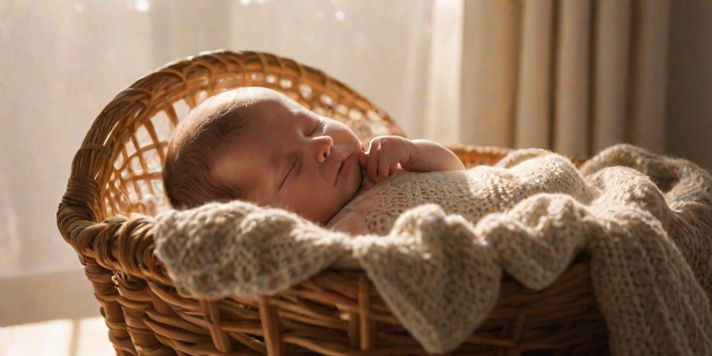 Soft focus, warm light, a newborn baby asleep in a wicker bassinet, cozy knitted blanket tucked around them, sunlight filtering through sheer curtains, gentle shadows on the baby's face, a small stuffed animal resting beside them, wooden floorboards visible underneath.