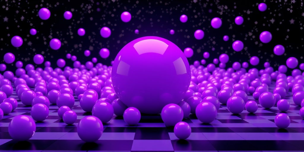 Create an image of a vibrant purple sphere surrounded by smaller purple spheres in a 3D space, with a black starry background and a checkered floor, captured with a 50mm lens at f/2.8, ISO 100, using a DSLR camera in a wide-angle view to enhance depth and quality.