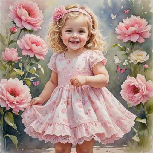 hyperrealism happy smiling toddler girl with messy wavy blonde hair with a headband, she is wearing a pink and white lace dress with pink and white shoes, she is holding a pink bouquet of flowers. Pink flowers and butterflies. summer background. Watercolor Highly detailed