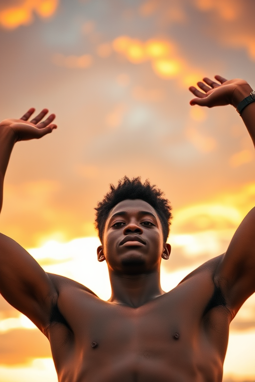 Capture a portrait of a young man with an afro hairstyle, arms raised against a dramatic sky at sunset, use a Canon EOS R5 with a 50mm lens, aperture f/1.8 for sharp focus on the subject, ISO 200 for clear detail, and a low angle view to emphasize his stature and expression.