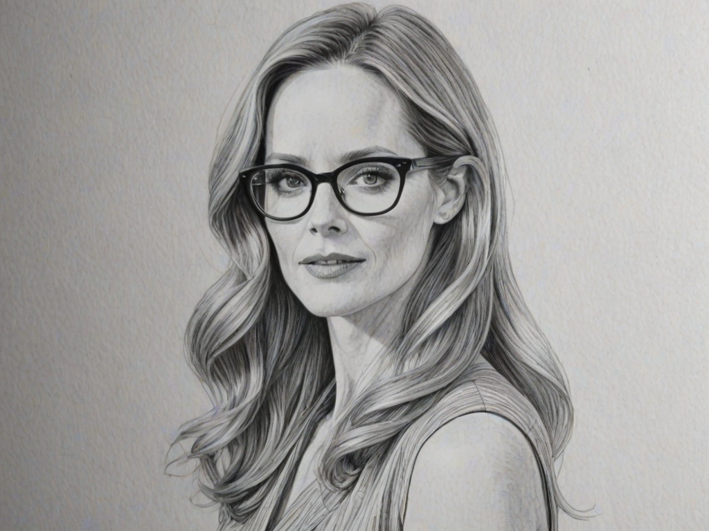 Appealing Leslie Mann, pencil sketch, portrait of Dazzling woman 1968s in glasses, hair style beatnik, outline, clear lines, fine lines, 8k