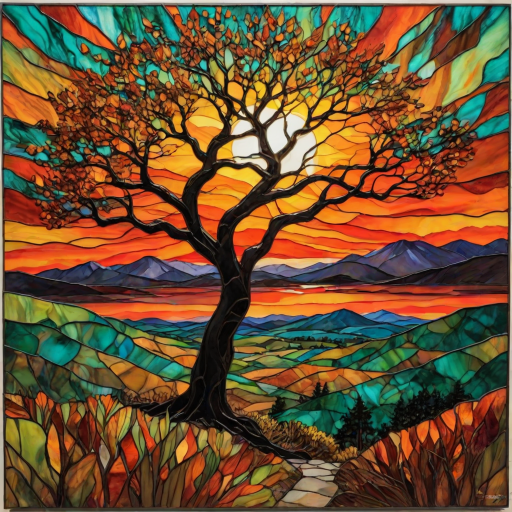 A vibrant abstract painting on Tiffany Glass, blending acrylic and alcohol ink techniques, captures a dramatic sunset over rolling hills. The artwork features a textured, rocky foreground in green and brown, layered abstract hills, and a striking sunset in rich oranges, yellows, and reds. A solitary black tree with intricate branches contrasts against the fiery sky, creating a dynamic and expressive portrayal of a breathtaking natural scene.