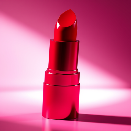 regenerate a high-quality 3D rendering of a red lipstick tube with a glossy finish, focal length 35mm, aperture f/2.8, ISO 100, soft lighting, and a slight tilt angle for dramatic effect