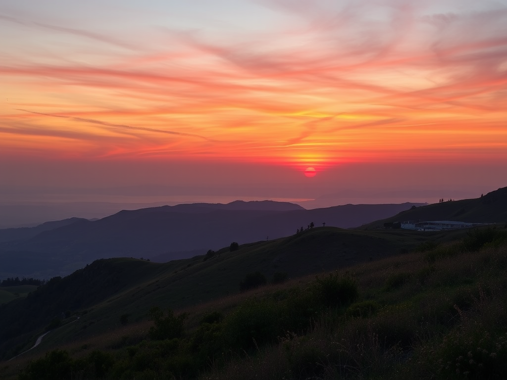 Create a high-resolution image of a serene landscape at sunset with vibrant colors, long exposure effect, shot with a Canon EOS R5 at f/8 aperture, ISO 100, 35mm focal length, using a wide-angle lens to capture an expansive view.