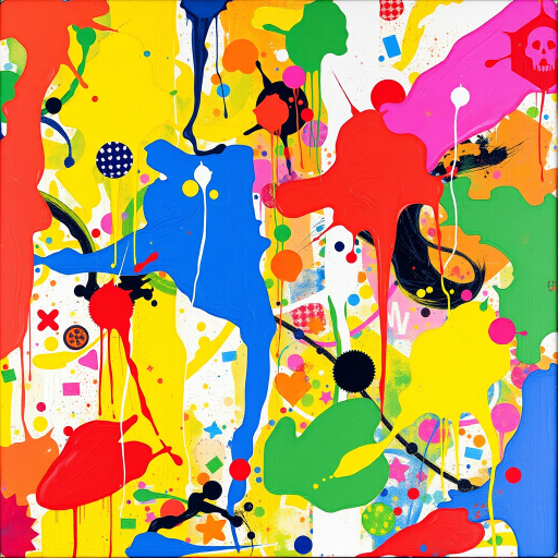 Create an image that features a vibrant, abstract painting with various patterns and color splashes. The painting should be the main focus of the image.