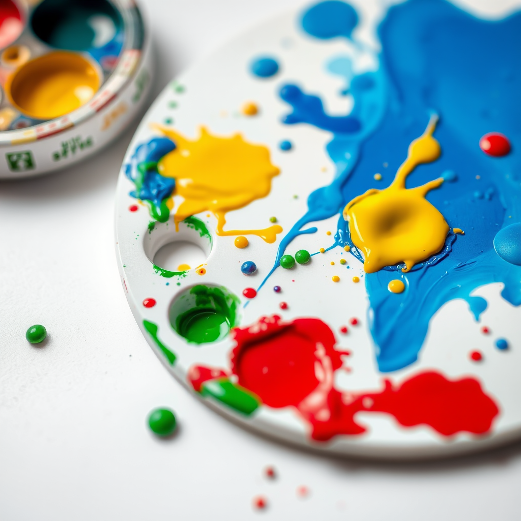 Create an image of a painter's palette with vibrant splashes of blue, yellow, green, and red paint, captured with a DSLR camera, 50mm lens, f/2.8 aperture, ISO 100, in a soft natural light setting, ensuring a clean white background for emphasis on the colors.