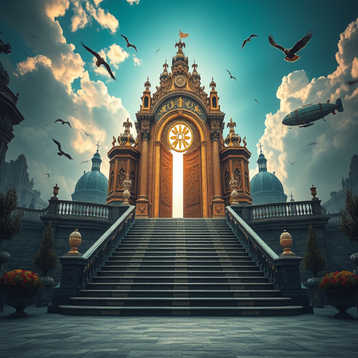 A mystical landscape featuring a grand staircase leading to an ornate gateway with floating symbols, flanked by birds in flight and a steampunk airship, shot with a Canon EOS R5, 24mm f/1.4 lens, at f/8, ISO 100, using HDR photography style for enhanced dynamic range and detail.