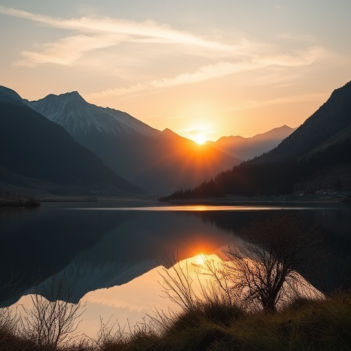 Generate a high-quality image of a serene landscape at sunrise with mountains in the background and a calm lake in the foreground, captured with a DSLR camera, 50mm lens, aperture f/1.8, ISO 200, and shot from an eye-level perspective.