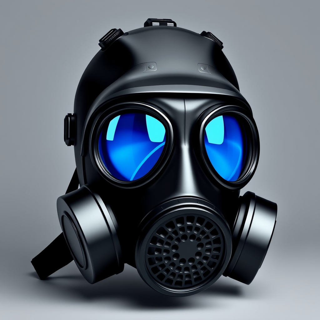Create a high-resolution illustration of a black gas mask with blue lenses, designed in a modern digital art style, using a DSLR camera with an f/2.8 aperture, 50mm lens, and softbox lighting for enhanced detail and clarity, shot from a frontal view against a neutral background.