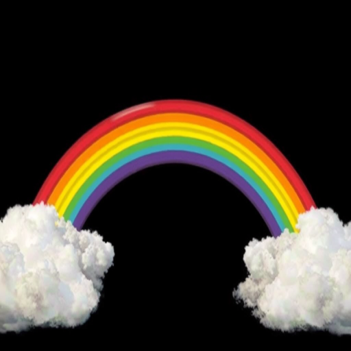 Regenerate a colorful rainbow with vibrant bands of red, orange, yellow, green, blue, indigo, and violet, positioned above fluffy white clouds, shot with a DSLR camera at f/8, ISO 200, 1/125s, using a wide-angle lens at 24mm for a bright and clear view against a solid black background.