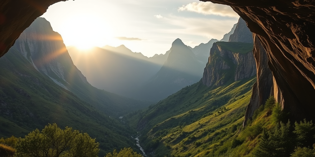 Landscape view of a mountainous valley with a foreground cave entrance, capturing the sun illuminating the peaks, with a soft focus background and vibrant greenery, shot with a Canon EOS R5, 24mm lens, aperture f/8, ISO 100, shutter speed 1/250s, in HDR style for enhanced detail and depth.