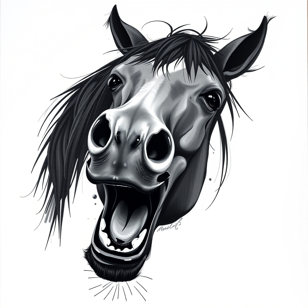 Abstract black and white acrylic portrait of an over exaggerated laughing (horse). Minimalism style. White background.