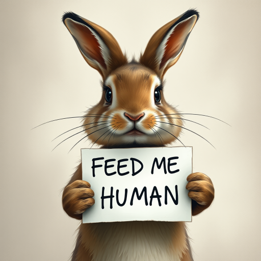 rabbit holding a note which says "FEED ME HUMAN"