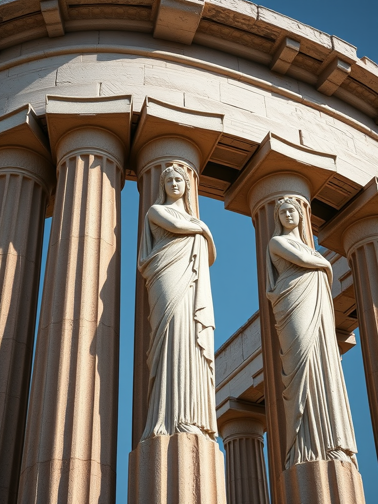 Create a high-resolution image of a classical Greek column featuring three elegantly draped female figures with intricate details, shot with a Canon EOS R5 at f/8, ISO 100, 1/200 sec, using a wide-angle lens, in natural light, focusing on the textures and colors.