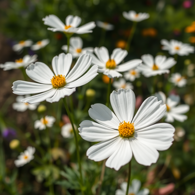 Close-up shot of white cosmos flowers in a garden, f/2.8 aperture, ISO 100, 50mm lens, soft natural lighting, shallow depth of field, DSLR camera.