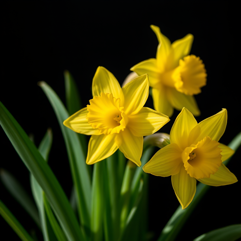 Close-up shot of bright yellow daffodils with lush green leaves on a black background, using a DSLR camera, 50mm lens, f/2.8 aperture, ISO 100, 1/200 sec shutter speed, natural light for soft shadows, focus on flowers with a shallow depth of field.