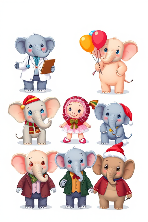 Create an image of seven cartoon elephants, each dressed in different outfits: a doctor with a clipboard, a party elephant holding balloons, a ballerina, a festive elephant in winter wear, a playful elephant with a toy, an elephant in a suit, and a cheerful elephant in a Santa hat, using a digital art style with bright colors, high resolution, 300 DPI, in a 2D vector format, viewed from eye level with a clean background.