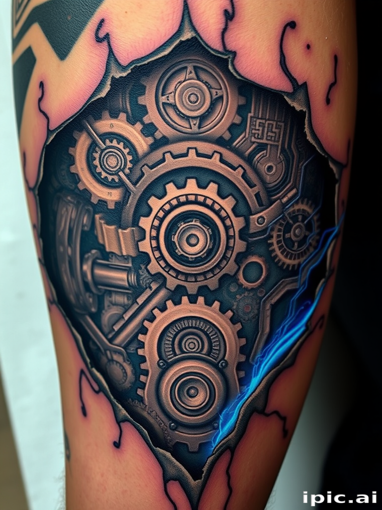 Biomechanical tattoo revealing intricate mechanical gears and circuits beneath torn skin, incorporating shades of metallic gray and electric blue, titled "Cybernetic Unveiling"