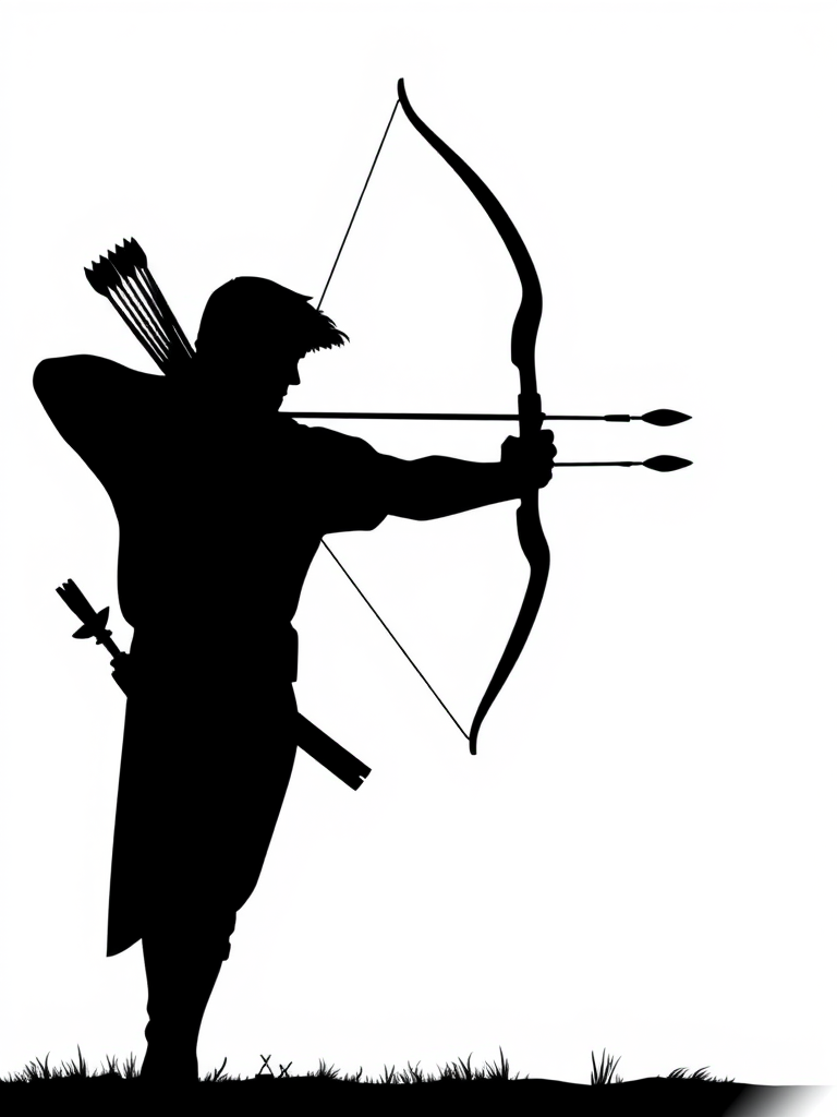 Create a vector image of an archer in silhouette form, aiming with a bow and arrows, using a minimalistic style, set against a white background; camera settings: ISO 100, aperture f/8, shutter speed 1/200s; camera view: frontal angle, camera style: digital illustration, camera type: vector graphics software.