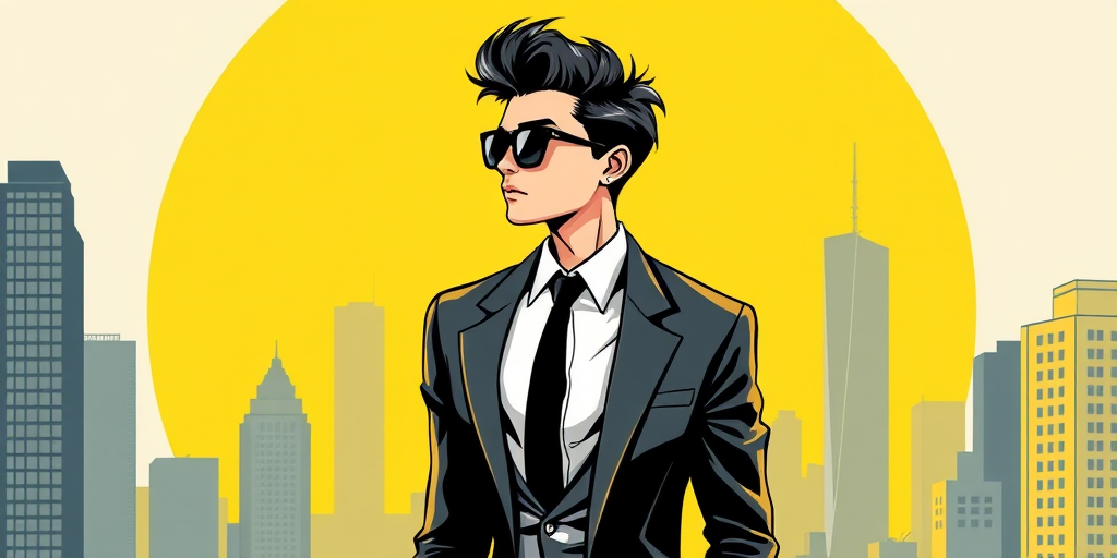 create an illustration of a stylish young man in a suit and sunglasses with a city skyline background and a large yellow circle behind him, emphasizing a modern and confident look
